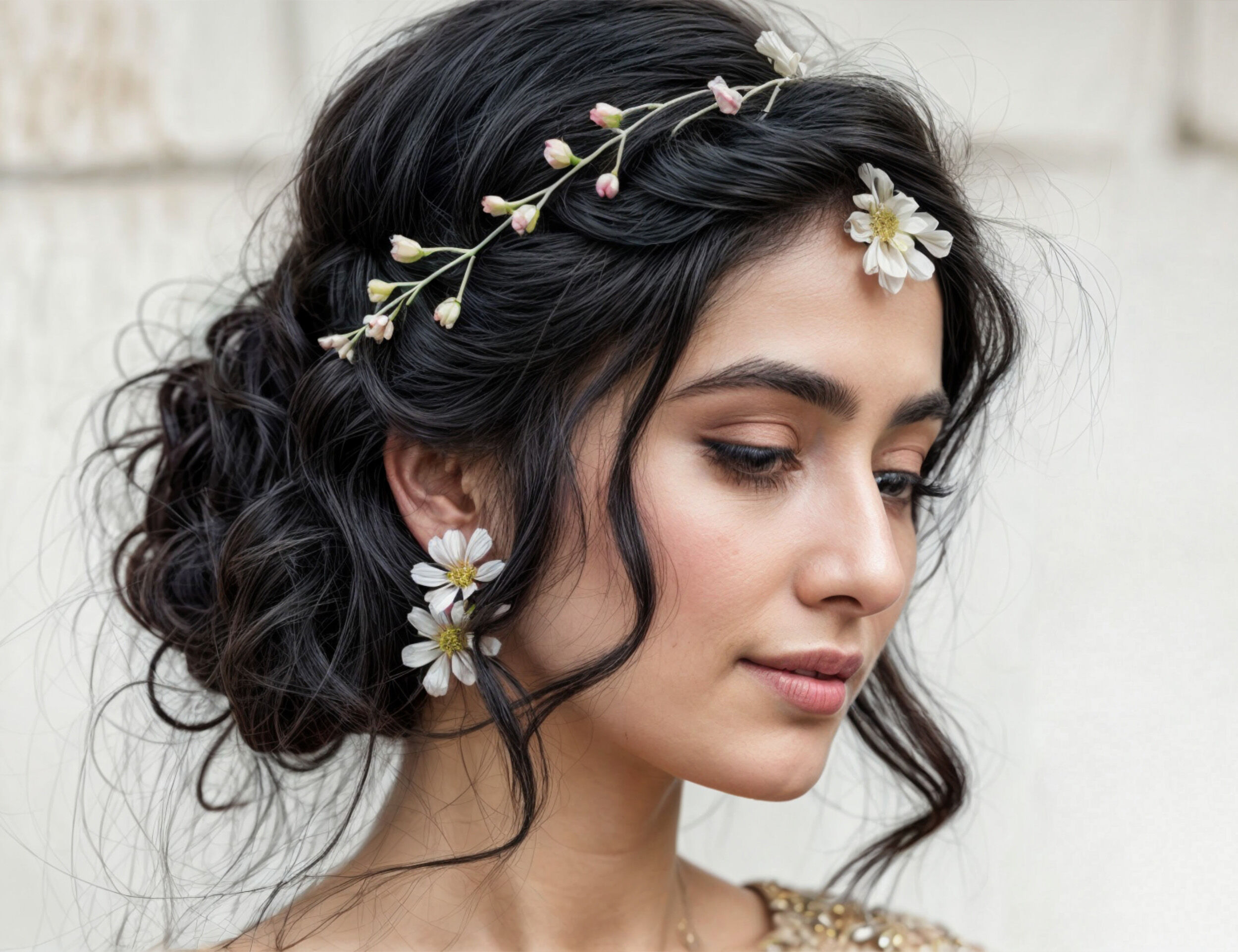 Bride with a soft, messy bun adorned with dainty white daisies and delicate floral hair vine — elegant Gujarati bridal hairstyle with natural flower accessories.